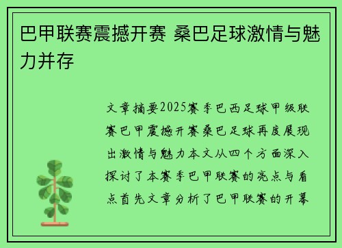 巴甲联赛震撼开赛 桑巴足球激情与魅力并存